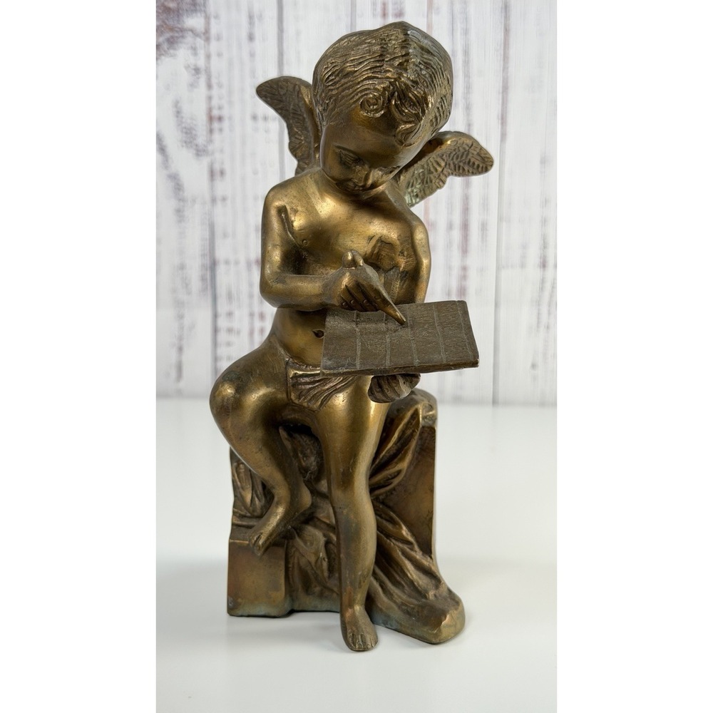 VTG Mid 20th Century Cherub writing on tablet, Brass 8" statue